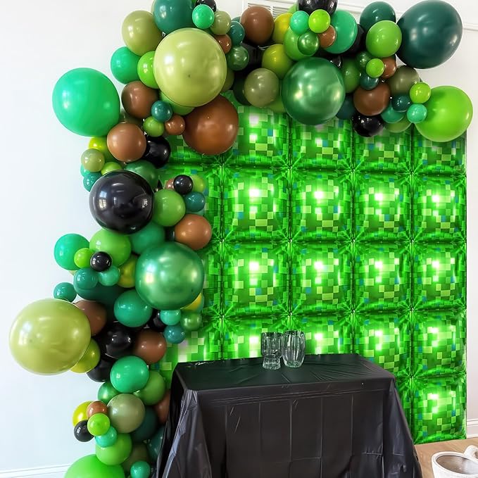 Green Pixel Square Balloon Wall, 25 PCS Green Pixel Square Foil Balloons Wall Backdrop Balloons Tunnel Arch for Kids Boys Video Game Theme Birthday Party Decoration