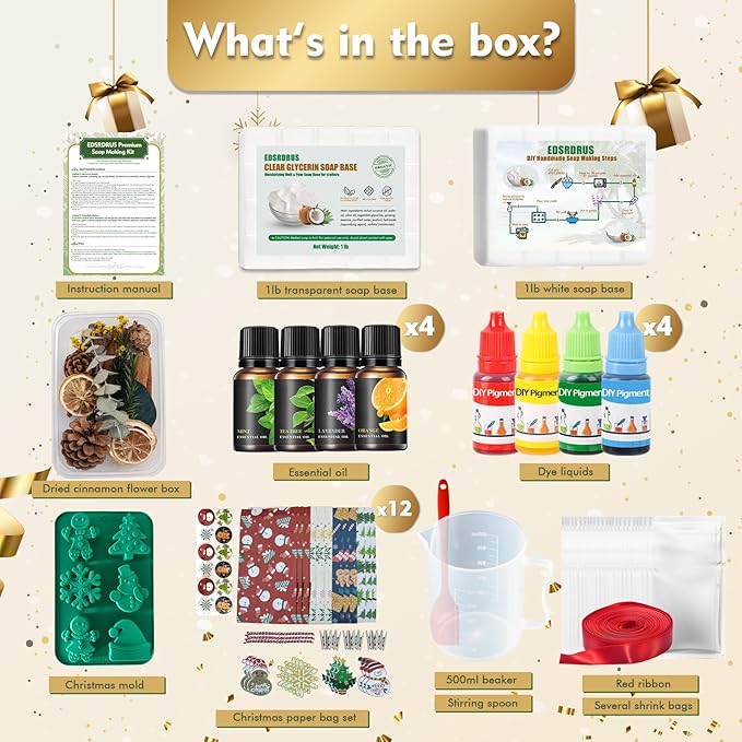 EDSRDRUS Soap Making Kit Series - Soap Making Supplies with Glycerin Soap Base, Silicone Molds, Fragrance Oils, Pigments & More (Red Christmas Soap Making Kit)