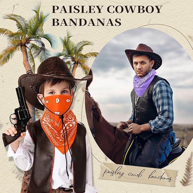Blulu 6 Pcs Neon Color Cowboy Bandanas for Men Women Assorted Paisley Pattern Handkerchiefs 22 x 22 Inch Kids Headwrap Scarfs