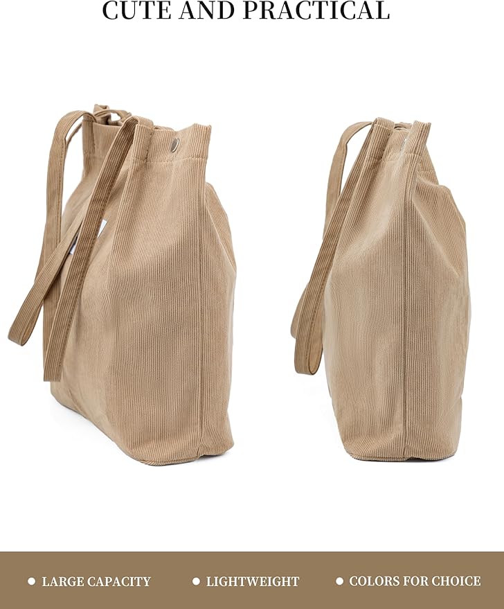 Corduroy Tote Bag Cute Tote Bags for Women Shoulder Bag with Inner Pocket for Work Beach Travel and Shopping Grocery