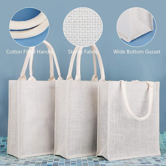Segarty Tote Bags, 6 Pack Small White Burlap Jute Reusable Canvas Gift Favors Bag with Handles Blank Tote Bulk for Bridesmaid Wedding, Women Market Grocery Shopping, Bachelorette Party, Beach Trip