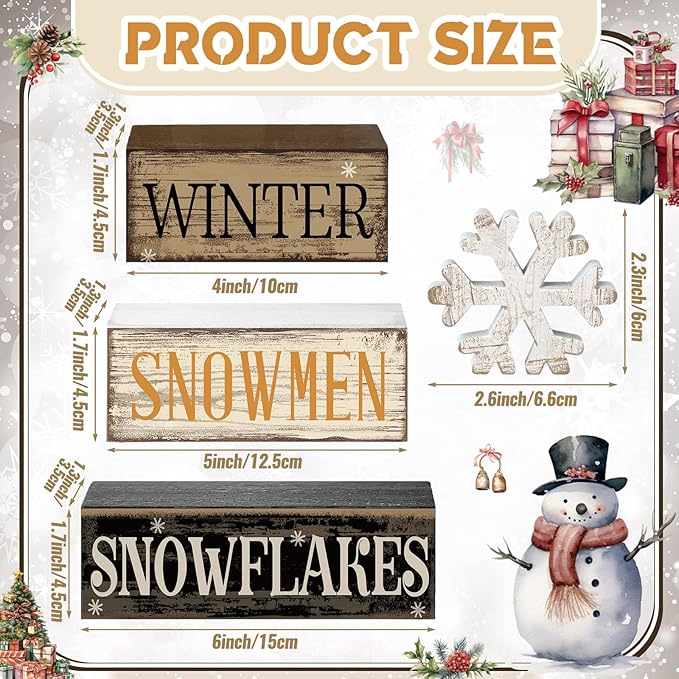 4 Pcs Winter Table Decorations Wooden Snowflake Decor Christmas Tiered Tray Decor Rustic Snow Block Signs Gift Farmhouse Christmas Centerpiece for Winter Wonderland Party Kitchen Shelf Home