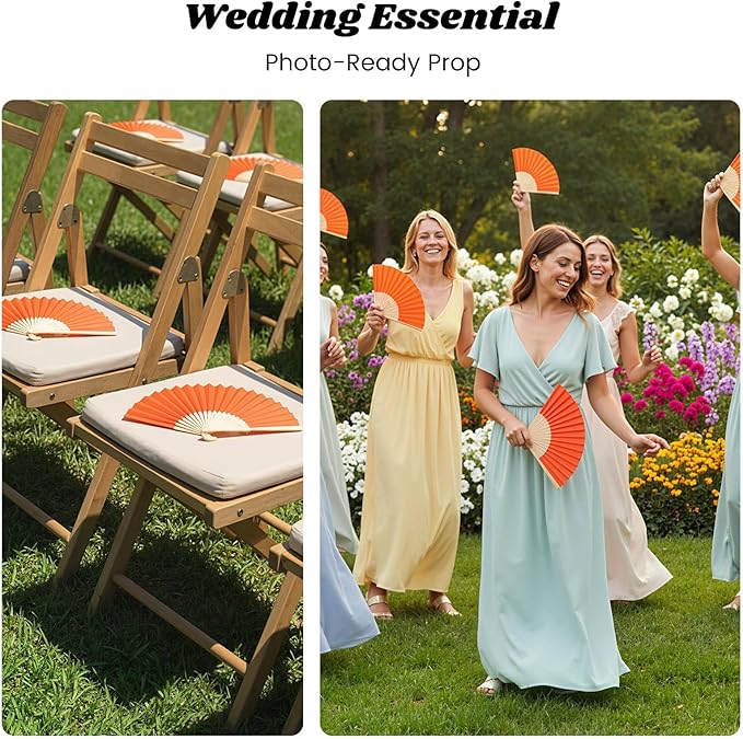 JOHOUSE 12 Packs Paper Folding Hand Fans, 8.3 Inch Orange Paper Fans Handheld Decorative Accessories for Wedding, Outdoor Party Favors, Bridal Shower DIY Decoration Photography Props