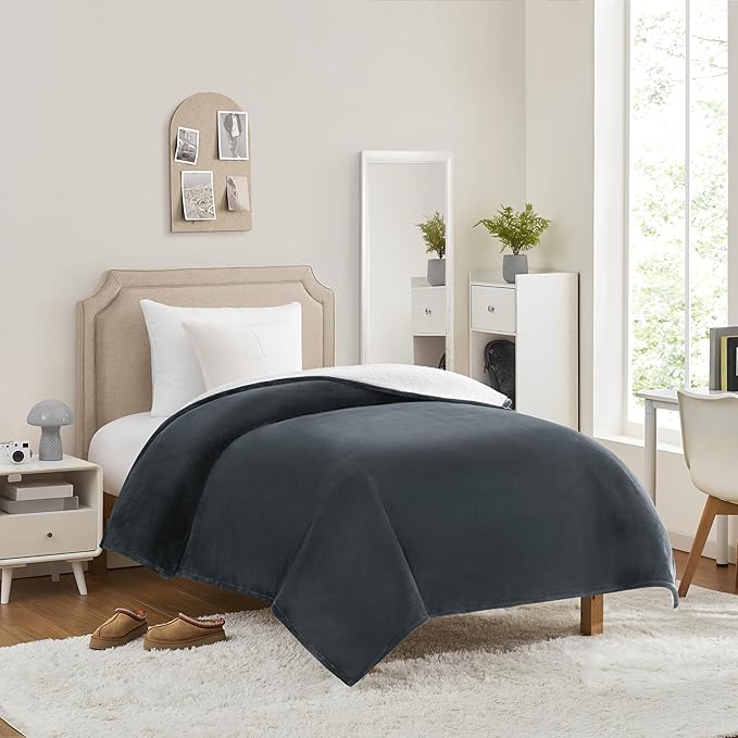 UGG Nita Twin XL/Twin Blanket Soft Fleece Blanket for Bed, Warm Fluffy Bedding, Oversized Throw for Couch, Machine Washable, 60-inch x 90-inch, Charcoal Grey