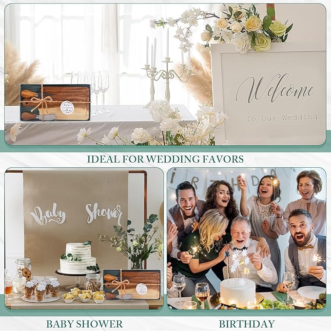 70 Sets Bridal Baby Shower Cheese Prizes Wooden Square Board Gift Set Knives Forks Thank You Tags with Box for Guests for Valentines Bridal Baby Shower Housewarming (Acacia Wood)