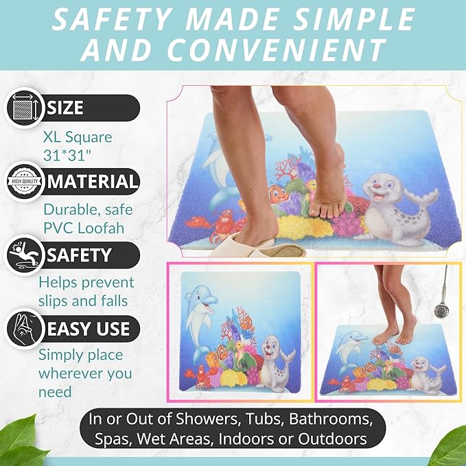 Extra Large Square Shower Mat Non Slip - Stall Shower for Shower Bathroom Non Slip for Shower - Secure Mat for Shower Floor - Safety Shower Mat Loofah (Kids Dolphin 31x31)