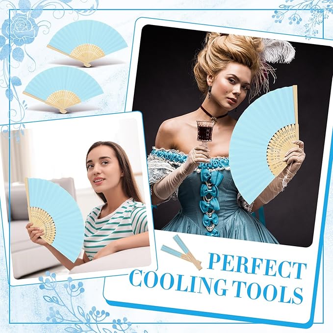 Yinkin 100 Pack Folding Fans Bamboo Handheld Folded Craft Hand Japanese Chinese Fans for Weddings Bridal Dancing Church DIY Decoration Women Gift Party Favors (Light Blue)