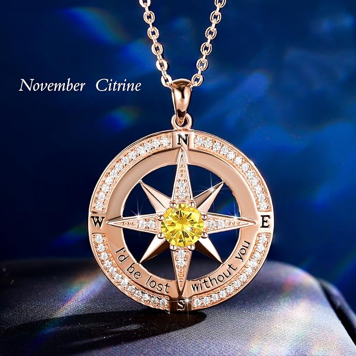 S925 Necklace Birthstone Compass Gift for Women Jewelry Sterling Silver Necklace for Wife Wedding Anniversary Girlfriend Birthday Gifts for Her Valentines Day Mom Mothers Day