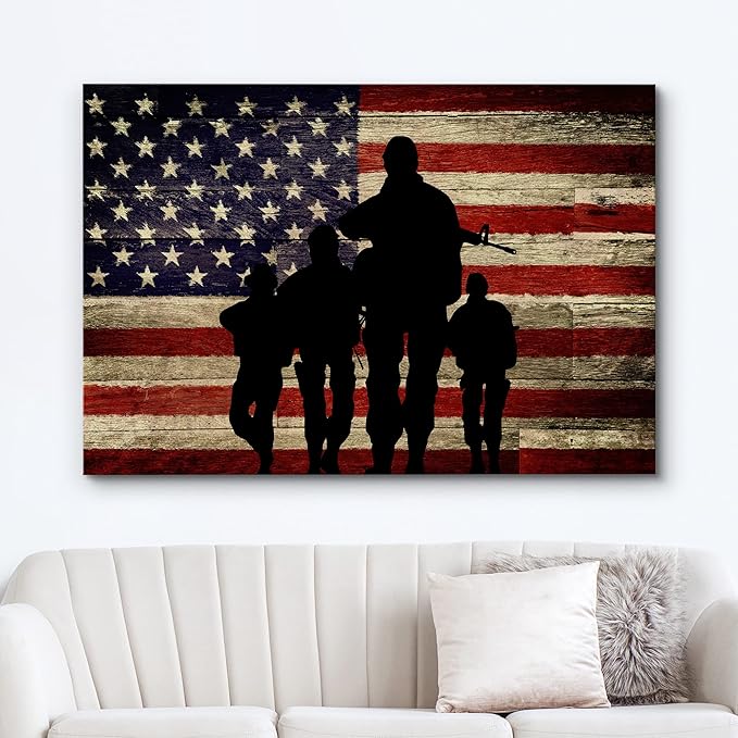 wall26 Canvas Print Wall Art Silhouette of American Soldiers with Flag on Wood Pop Culture Cultural Digital Art Modern Art Traditional Colorful for Living Room, Bedroom, Office - 24"x36"