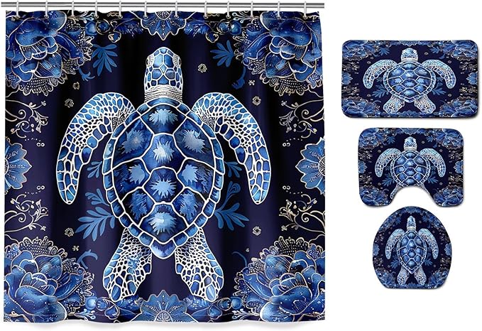 4 Pcs Sea Turtle Shower Curtain - Cartoon Animal Shower Curtain Ocean Theme Curtain with Rug,Toilet Cover and Bath Mat with 12 Hooks