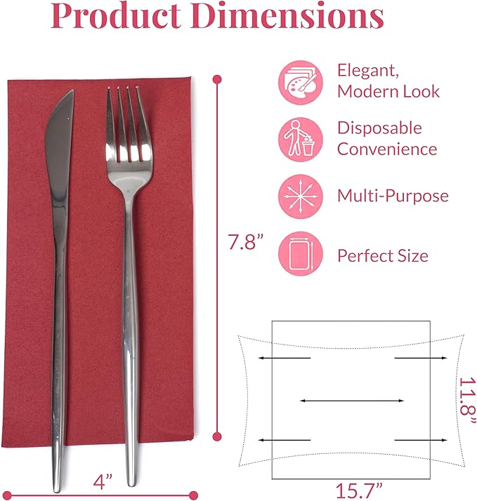 Prestee Red Napkins for Table - Disposable - Soft and Absorbent Paper Hand Towels for Dinner Parties and All Types Events - Pre folded Linen Feel Napkins - Paper Towels 7.8 x 4in and 50 Count