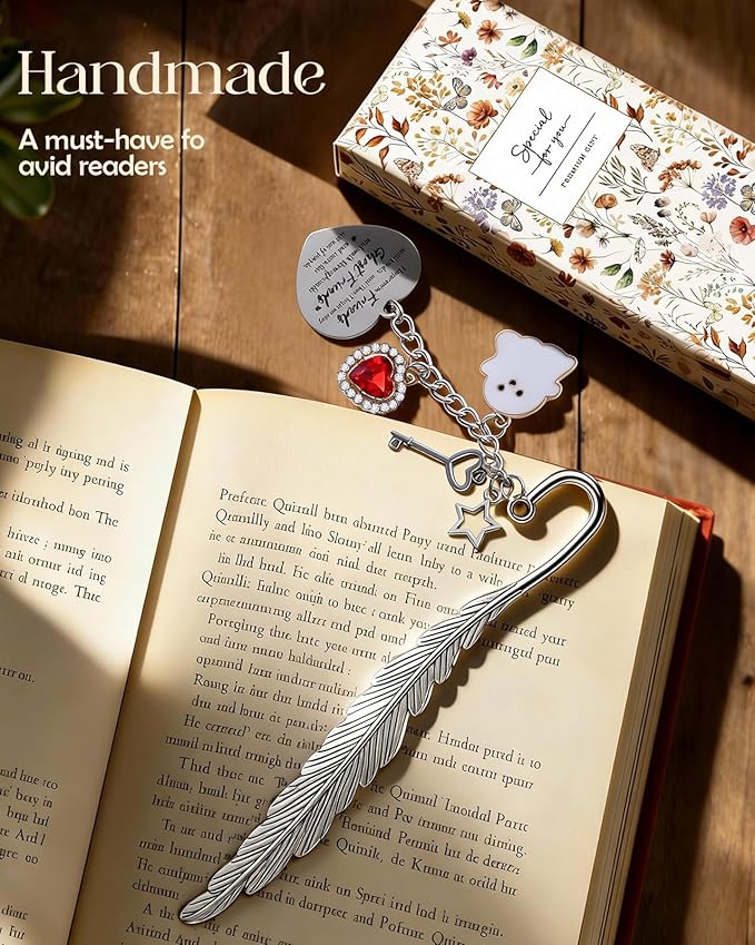 Buleens Bookmarks for Women Reading - Book Marks for Readers Book Lovers, Feather Funny Ghost Personalized Metal Bookmark with Pendants, Pretty and Aesthetic Book Accessories Reading Gifts