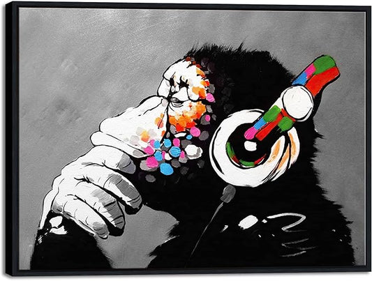 Wieco Art Black Framed Monkey With Headphones Banksy Graffiti Art Abstract Canvas Painting Posters and Prints Animal Canvas Wall Art for Wall Decor and Home decorations