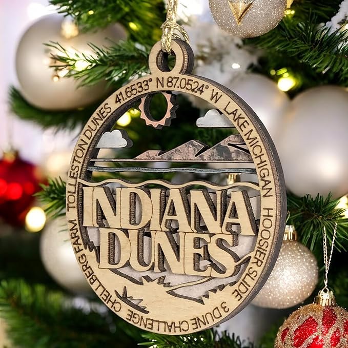 Indiana Dunes National Park 3" Wood Ornament - Laser Cut Christmas Decoration Featuring Dunes Scene