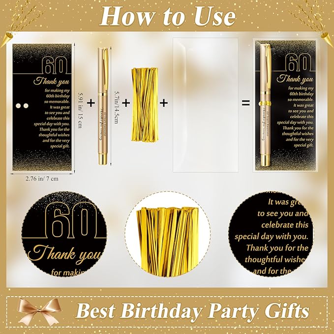 50 Set 60th Birthday Party Favor for Guest Anniversary Party Favor with Black and Gold Ballpoint Pens and Thank You Cards for Women Men Birthday Anniversary Appreciation Gifts