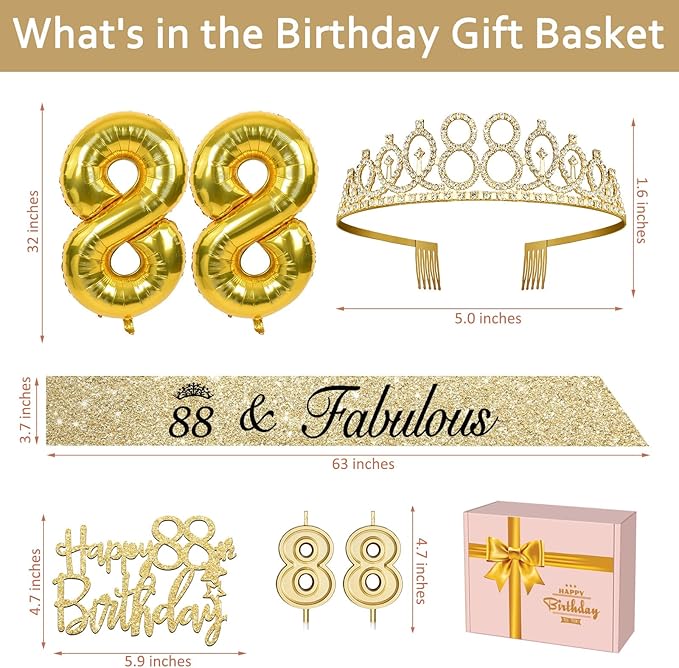 88th Birthday Decorations for Women Gold with 88th Birthday Sash and Tiara, Cake Topper and Candles, Number Balloons, 88 Year Old Gifts for Women