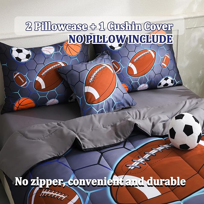 6 Pcs Bed in A Bag Twin Size Comforter Sets for Boys,Sports Bedding Sets,Baseball Soccer Basketball Football Comforter Sets with Sheets for Kids Teens