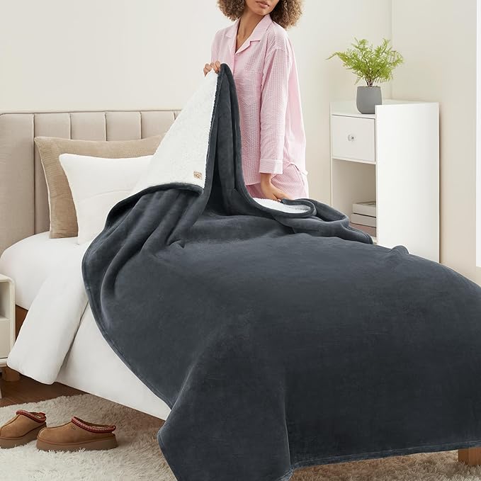 UGG Nita Twin XL/Twin Blanket Soft Fleece Blanket for Bed, Warm Fluffy Bedding, Oversized Throw for Couch, Machine Washable, 60-inch x 90-inch, Charcoal Grey