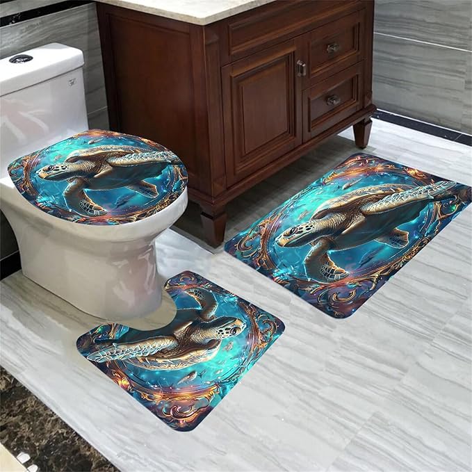 4 Pcs Sea Turtle Shower Curtain - Under The Sea Shower Curtain for Bathroom Ocean Bathroom Sets with Curtain and Rugs