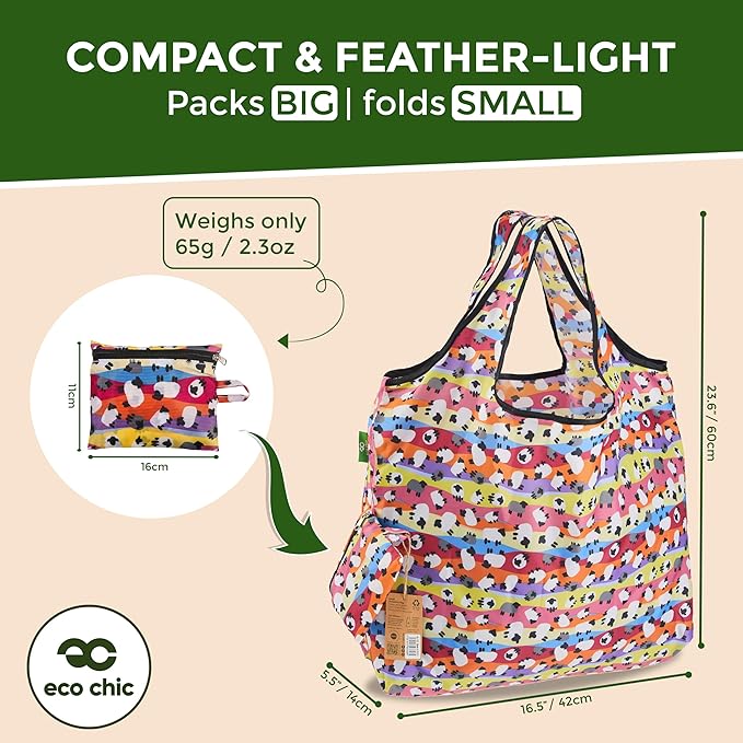 ECO CHIC Foldable Reusable Large Grocery Bags - Foldable Grocery Bags - Lightweight, Recycled & Reusable Shopping Bag - Waterproof, Packable Tote Fitting in Fine Grocery Bag Carrier