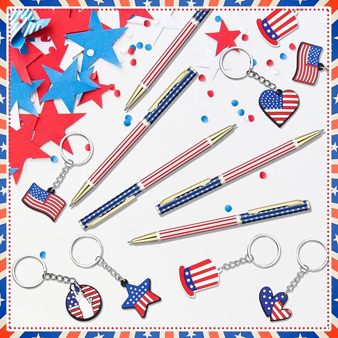 48 Pcs Independence Day Metal Ballpoint Pens American Flag Keychain Set Gold Retractable Patriotic Pens USA Flag Key Chains Office Patriotic 4th of July Party Favors for Veterans Day
