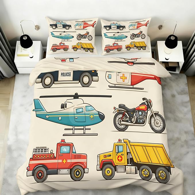 Vintage Rescue Vehicles Bedding Set Full Size Police Car Fire Truck Duvet Cover Emergency Vehicle Comforter Cover Children's Cartoon Car Bedding Set with Zipper Ties for Bedroom