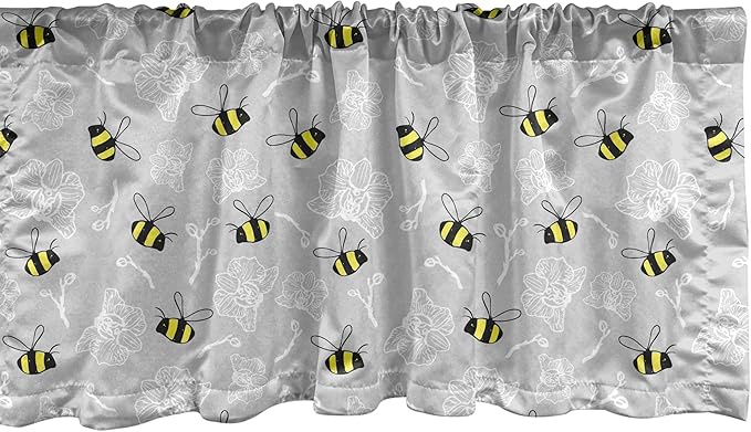 Ambesonne Entomology Window Valance, Print of Bumblebee Buzzing Around Orchids, Curtain Valance for Kitchen Bedroom Decor with Rod Pocket, 42" x 18", Yellow Charcoal