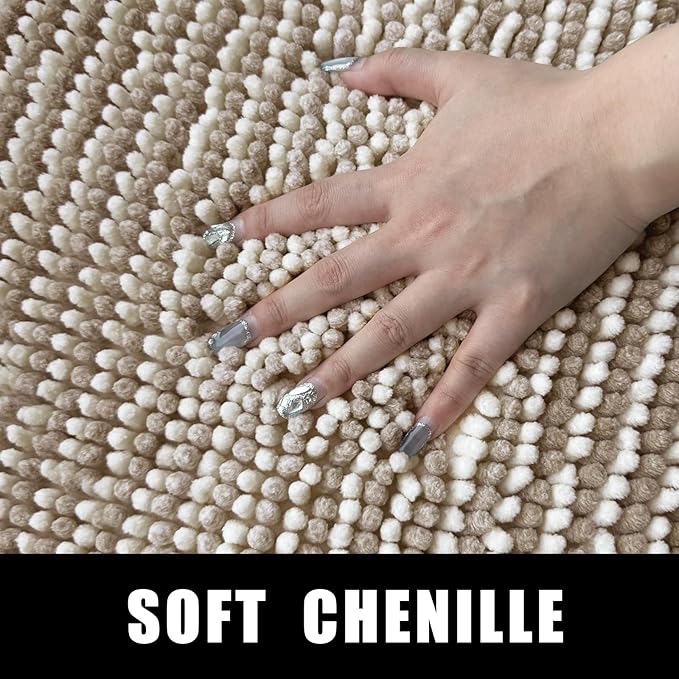 HDFK Bath Mat & Bathroom Rug - Machine Washable Soft Chenille Shower Carpet, Maximum Absorbency Non-Slip with Odorless Hot Melt Base, Slim Striped Design for Bathtub Floors (24x16 Inch, Tan & White)