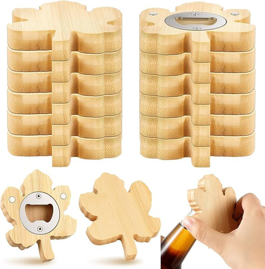 Vesici 12 Pcs Bamboo Maple Leaf Shape Magnetic Bottle Opener 2.5in DIY Bamboo Beer Openers Wooden Fridge Magnet Refrigerator Sticker Gift for Thanksgiving Beer Lover Wedding Guest Kitchens Bars Party