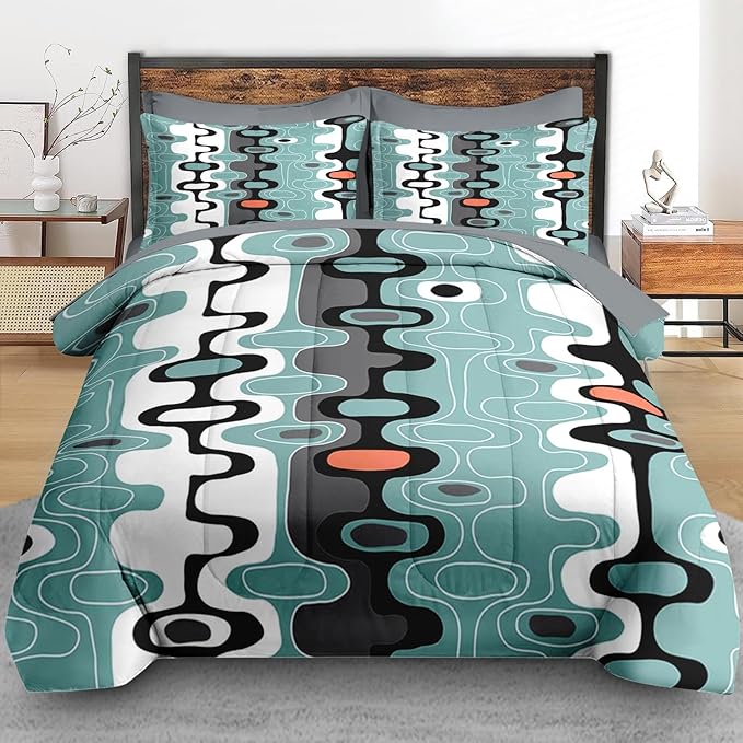 Comforter Set Queen Size, Mid Century Retro Stripe 7 Pcs Bedding for Kids and Adults, Vintage Cool Bed Sheet Sets with Fitted Sheet 2 Pillowcases & 2 Shams for Bedroom Bed Decor