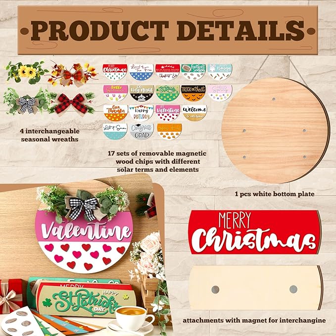 Vicenpal 22 Pcs Interchangeable Welcome Sign for Front Door with 17 Magnetic Icon Wooden Seasonal Front Porch Door Decor with 4 Seasonal Wreaths for Holiday Halloween Christmas Gift (Black,Cute)