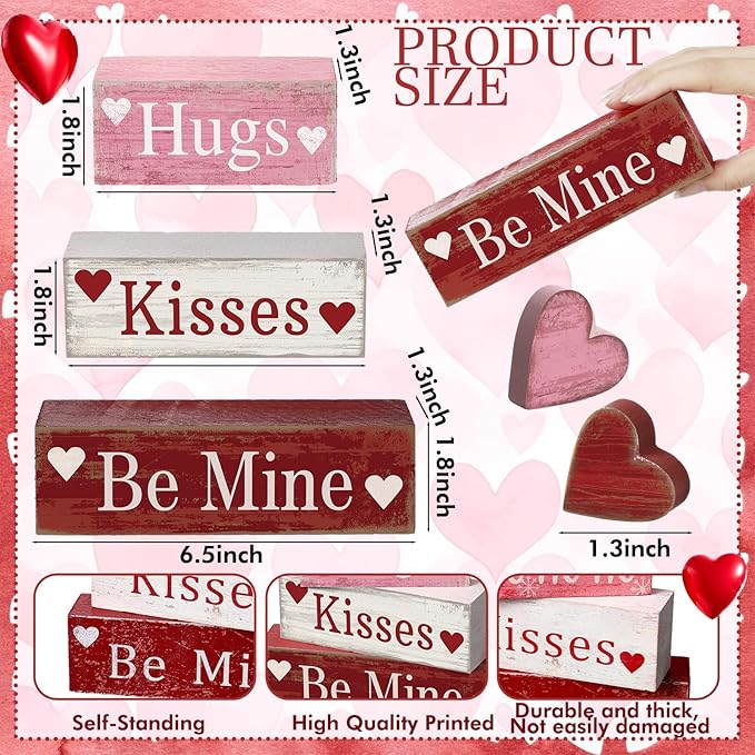 4 Pcs Valentine's Day Table Decorations Wooden Heart Valentine Tiered Tray Decor Valentine Day Centerpiece Rustic Decorative Heart Block Signs Gift Farmhouse Valentines Decor for Home Kitchen