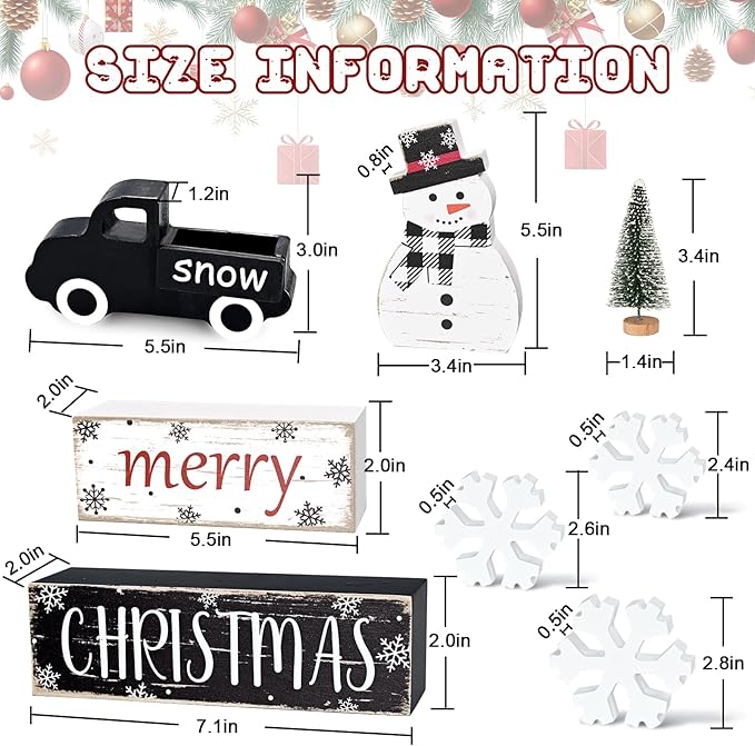 Yinhua Christmas Decorations Indoor, Christmas Table Decor, Black Truck Snowman Decorations with Xmas Tree & Snowflakes, Farmhouse Wooden Block Sign, Xmas Mantel Decor for Tiered Tray, Desk, Bookshelf