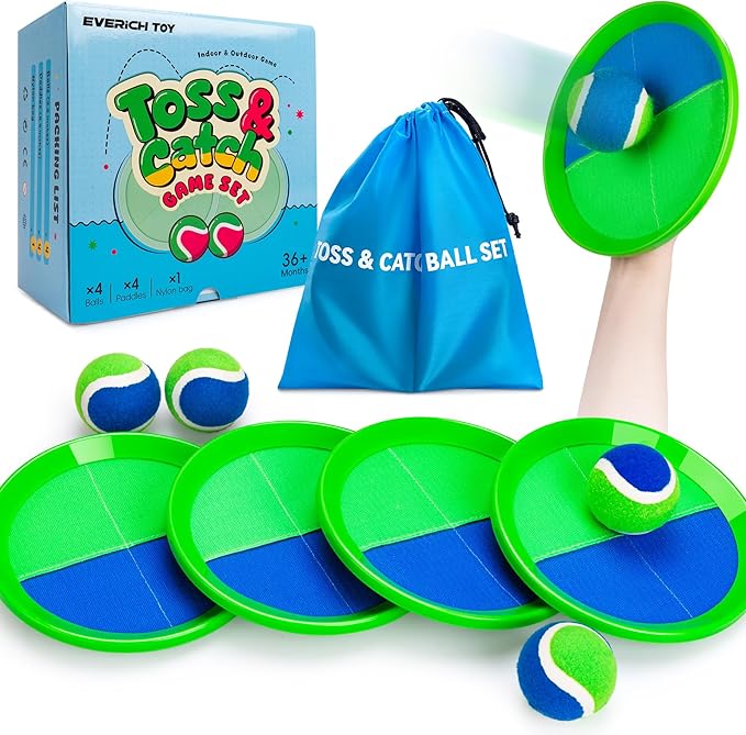 EVERICH TOY Upgraded Toss and Catch Ball Game Set, Kids Toy Stocking Stuffers for Boys Girls Ages 3-12, Includes 4 Paddles 4 Sticky Balls, Water-Resistant Indoor Outdoor Toy for Beach Pool Yard