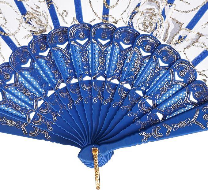 QIRMIZI 10 Pcs Rose Lace Folding Fans,Silk Folding Hand Fans, Perfect for Weddings, Parties, and Dancing,Royal Blue