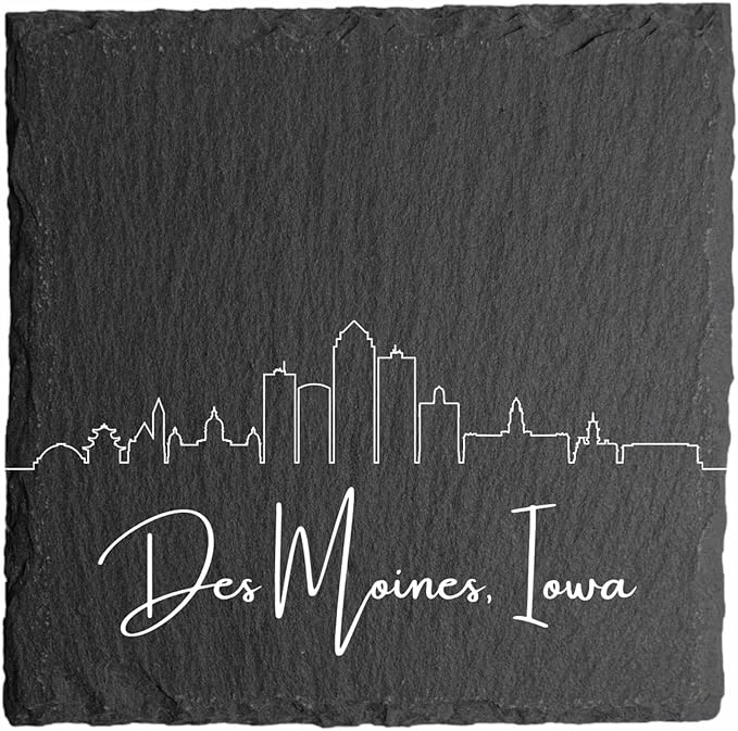 Blue Ridge Mountain Gifts - Des Moines IA Skyline Coasters - Des Moines Iowa Souvenir, Slate Coasters with Minimalist Skyline, Housewarming Gift for Friends, Family, & Neighbors