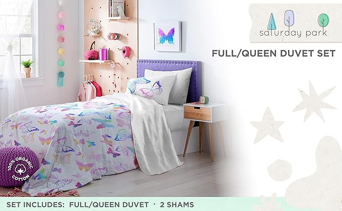 Saturday Park Ombre Butterflies Full/Queen Duvet Cover & Sham Set - 3 Piece 100% Organic Cotton Duvet Set - GOTS & Oeko-TEX Certified