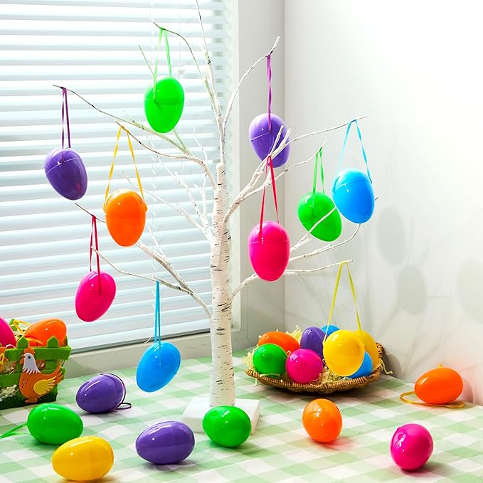 JOYIN 36 PCS 3.15" Easter Eggs with Hanging Ribbon, Colorful Plastic Eggs Empty Fillable, Bright Eggshells for Easter Hunt, Basket Stuffers, Hanging Tree Decor, Party Favor Supplies