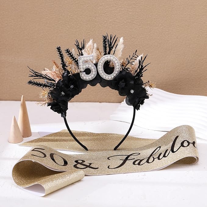 Flower Black Birthday Headband - Dark Happy Birthday Crown and Sash Set for Women Fabulous Party Accessories