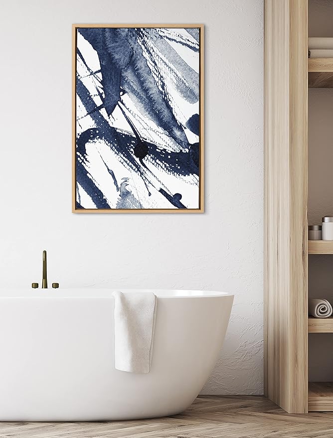 Kate and Laurel Sylvie Indigo Watercolor Framed Canvas Wall Art by Amy Peterson Art Studio; 23x33 Natural; Decorative Abstract Art Print for Wall
