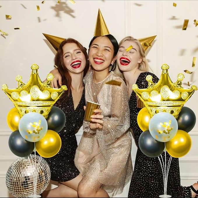 Black and Gold Party Decorations, Crown Balloon Stand Kit For Table 2 Sets with Balloons, Great for Black and Gold Brithday Party Decorations, Bachelorette, Wedding Party Decor