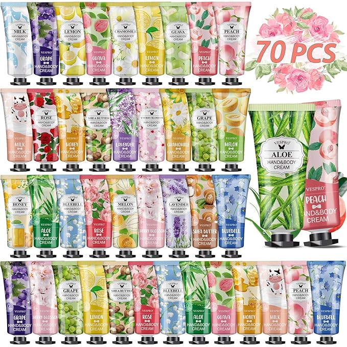 VESPRO 70 Pack Hand Cream Set, Valentines Day Gifts, Mothers Day Gifts, Bulk Hand Lotion Travel Size for Dry Cracked Hands, Mini Hand Lotion for Bridal Shower Gifts and Teacher Nurse Gifts