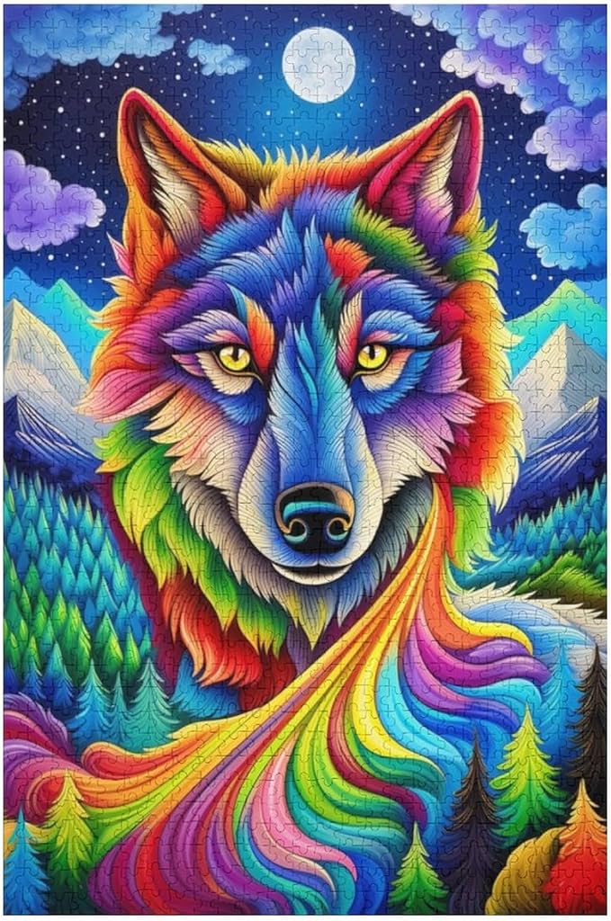 Wooden Puzzle - Colorful Wolf Jigsaw Puzzles，Wooden Puzzles for Adults 1000 Pieces Challenge Puzzles，Educational Games，Family Puzzles，Unique Gifts for Wall Art,Funnny Puzzles