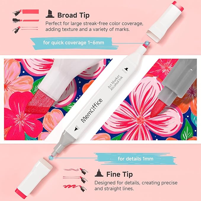MemOffice 80 Colors Dual Tip Artist Alcohol Markers Set with Carrying Case - Perfect for Coloring, Drawing, Sketching, Card Making and Illustration - Perfect for Adults