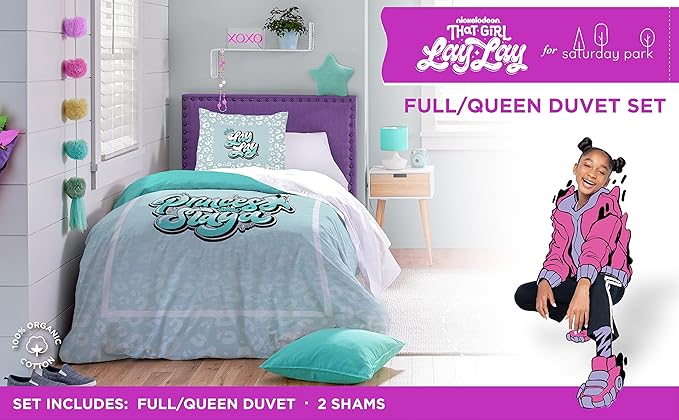 Saturday Park That Girl Lay Lay Princess Full/Queen Duvet Cover & Sham Set - 3 Piece 100% Organic Cotton Duvet Set - GOTS & Oeko-TEX Certified (Nickelodeon Official)