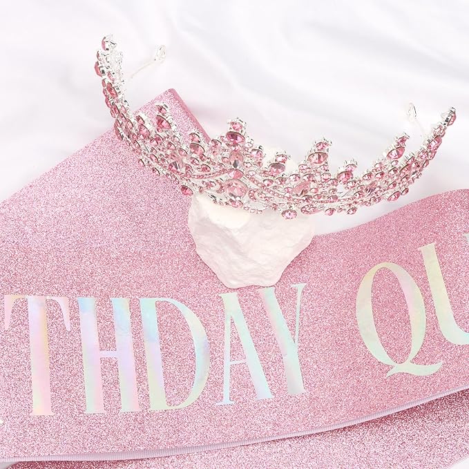 COCIDE Pink Birthday Sash and Crown for Women - Crystal Tiaras Decorations for Girl,Glitter Rhinestone Gifts Headband Sashes Decor,Coronas for Queen,Happy Birthday Accessories Party Favors