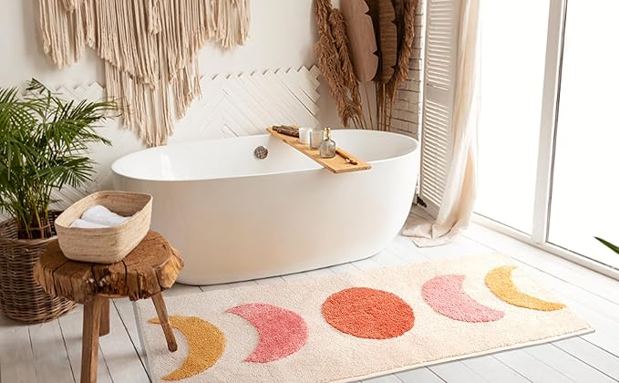 Boho Moon Bathroom Runner Rugs - Gradient Moon Phases Bath Mat,Non Slip Half Moon Witch Rugs,Bohemian Witchy Hippie Bathroom Decor, Long Runner Rug for Bedroom Hallway,Neutral Creamy 50"x20"