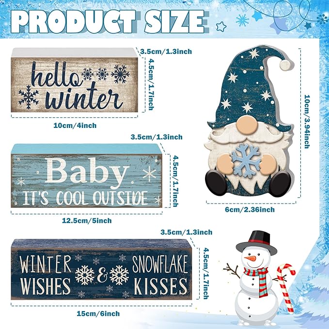 4 Pcs Winter Table Decorations Blue and White Gnome Snowflake Decor Winter Tiered Tray Decor Christmas Centerpiece for Tables Wooden Decorative Gnome Signs Gifts for Kitchen Office Home