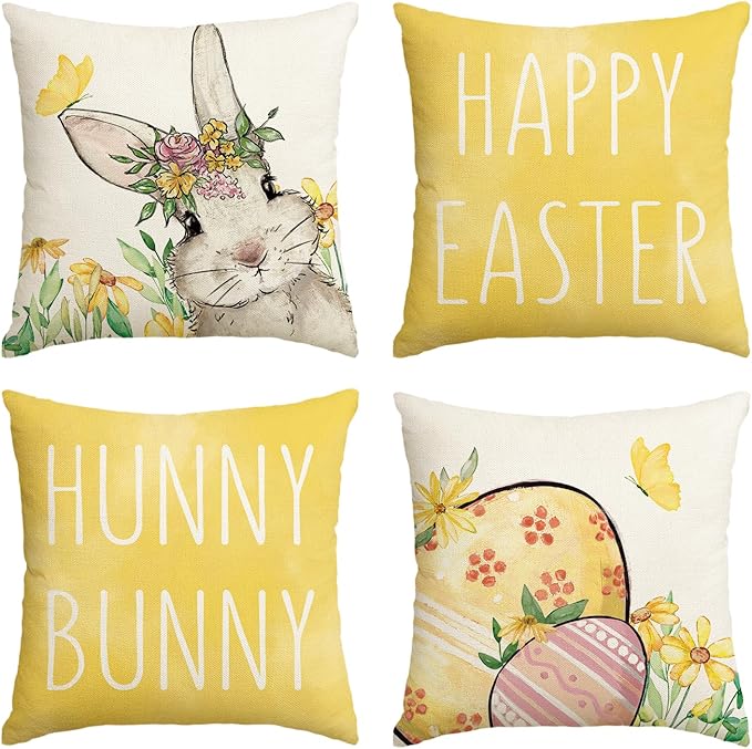 AVOIN colorlife Happy Easter Hunny Bunny Yellow Throw Pillow Covers, 18 x 18 Inch Easter Eggs Bunny Spring Cushion Case for Sofa Couch Set of 4