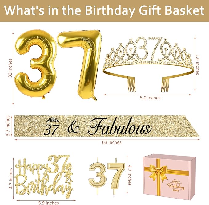 37th Birthday Decorations for Women Gold with 37th Birthday Sash and Tiara, Cake Topper and Candles, Number Balloons, 37 Year Old Gifts for Women